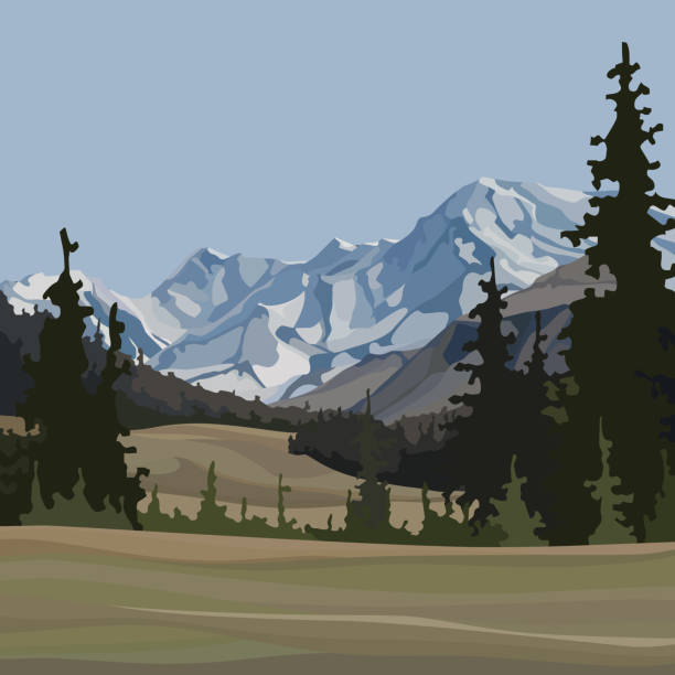 illustrations, cliparts, dessins animés et icônes de fond de dessin animé du paysage naturel avec des sapins et des montagnes - noble fir