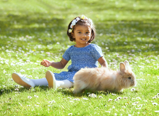 istock A small Asian girl  with home rabbit on green grass 1255575846