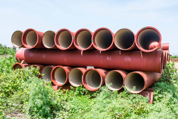 front circular view of ductile iron pipes stocked in open space godown. stock photo