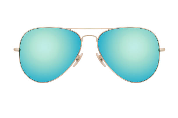 istock Sunglasses with a gold frame and blue lens isolated on white background. 1255581503
