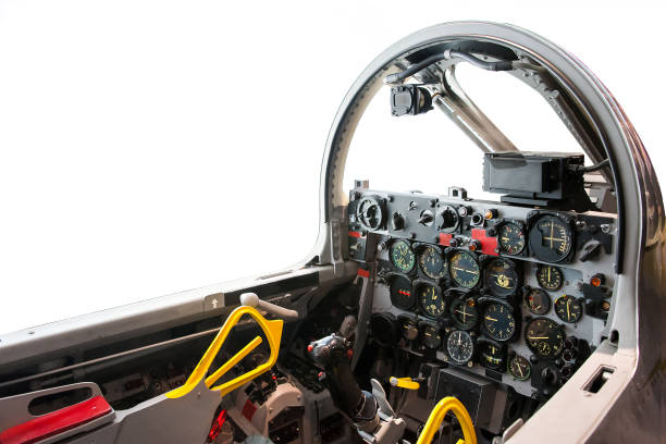 白い背景に隔離された警戒のための戦闘機ジェット機の航空機パイロットコックピット - commercial airplane throttle lever cockpit ストックフォトと画像