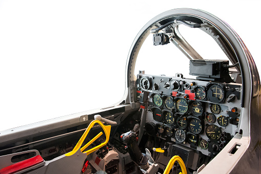 Aircraft pilot Cockpit of fighter bomber jet for warier isolated on white background