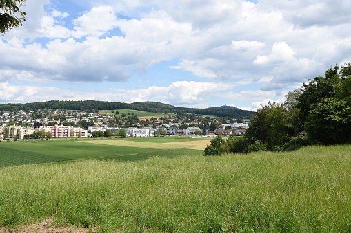 Panoramic view on the village Urdorf, municipality in the district of Dietikon in the canton of Zürich in Switzerland, located in the Limmat Valley. In foreground agricultural green fields under crop