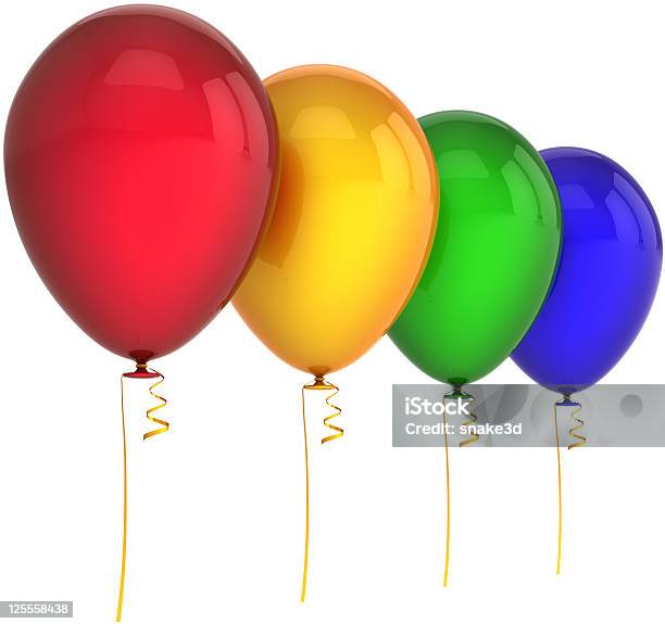 Photo libre de droit de Quatre Ballons De Fête Multicolore banque d'images et plus d'images libres de droit de Anniversaire - Anniversaire, Anniversaire d'un évènement, Ballon de baudruche