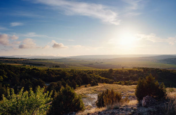 Landscape of the mountain during sunrise with fog and the beautiful sky. Green mountain valley view. Summer nature landscape. Sunset light.