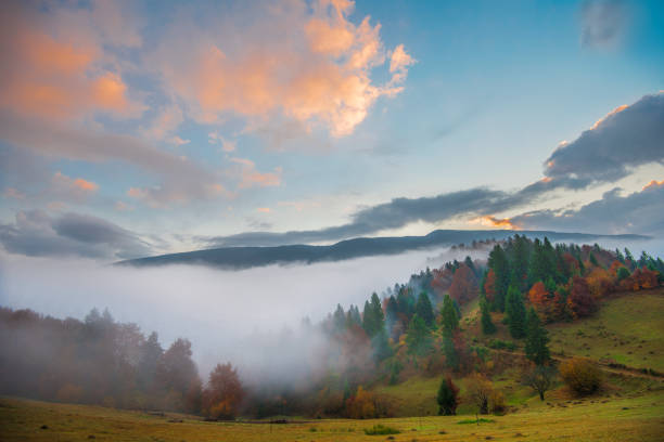 istock Morning sun illuminating rolling hills with light rays 1255586946