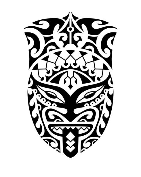 Tattoo sketch maori or african style with mask face totem Tattoo sketch maori style for leg or shoulder with mask face totem polynesian shoulder tattoo designs stock illustrations