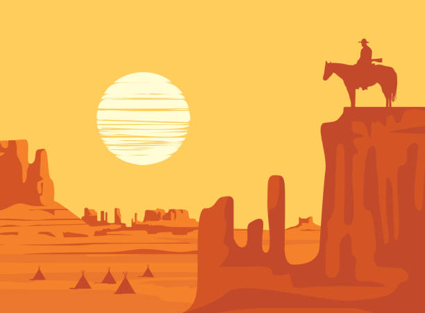 westliche landschaft mit silhouette eines einsamen reiters - plateau stock-grafiken, -clipart, -cartoons und -symbole