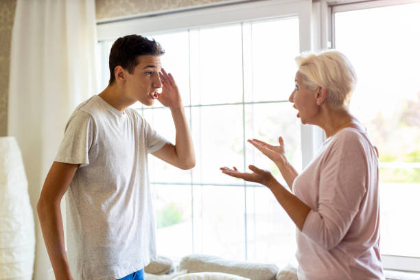 mother and her teenage son arguing at home - mãe filho conversa imagens e fotografias de stock