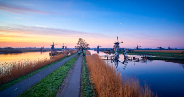 일출 중 킨더디크 - tranquil scene windmill netherlands dutch culture 뉴스 사진 이미지