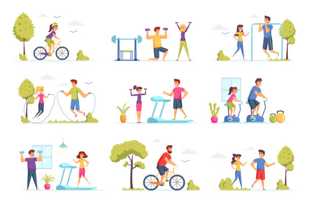 ilustrações de stock, clip art, desenhos animados e ícones de fitness scenes bundle with people characters. people running, jumping with rope, lifting dumbbells and training with punching bag situations. - healthy lifestyle men boxing dumbbell