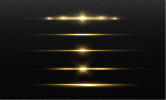 Yellow horizontal lens flares pack. Laser beams, horizontal light rays. Beautiful light flares. Glowing streaks on dark background. Luminous abstract sparkling lined background.