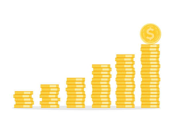 концепция финансового роста с золот�ой монетой доллара. вверх или вниз доход граф вектор дизайна. концепции денежного сбора или стратегии п� - coin stock illustrations