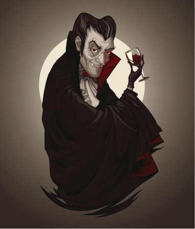 Count Dracula smiles and holds a wine glass with blood on the background of the moon