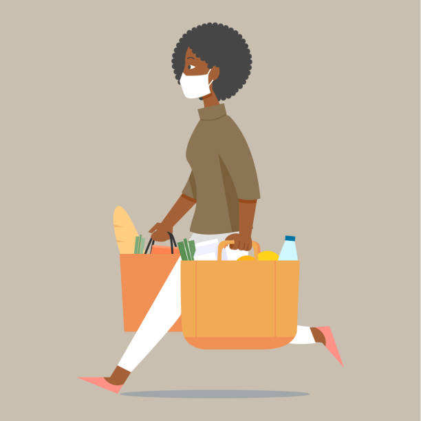 Lady Zakupy spożywcze podczas noszenia maski – artystyczna grafika wektorowa