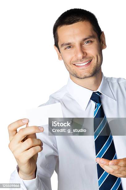 Geschäftsmann Mit Visitenkarte Auf Weiß Stockfoto und mehr Bilder von Berufliche Beschäftigung - Berufliche Beschäftigung, Bürojob, Ein Mann allein