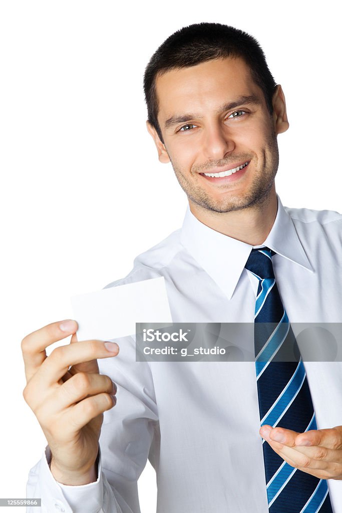 Бизнесмен с бизнес-карты на белом - Стоковые фото Белый роялти-фри