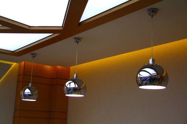 Glowing ball lamps hanging on the ceiling