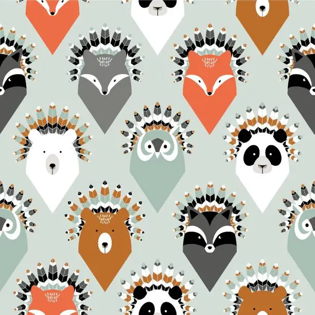 Vector illustration of Animal native american chief with feathers, seamless pattern