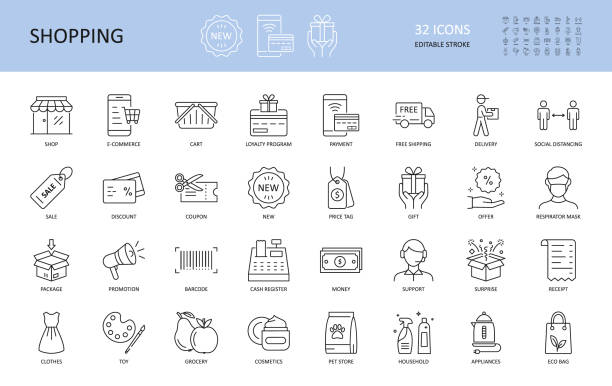 Vector icons of shopping, e-commerce. Editable Stroke. Shop delivery free shipping cart, loyalty program. Payment coupon sale money, cash register, discount. New gift package box support toy grocery Vector icons of shopping, e-commerce. Editable Stroke. Shop delivery free shipping cart, loyalty program. Payment coupon sale money, cash register, discount. New gift package box support toy grocery. discount store illustrations stock illustrations