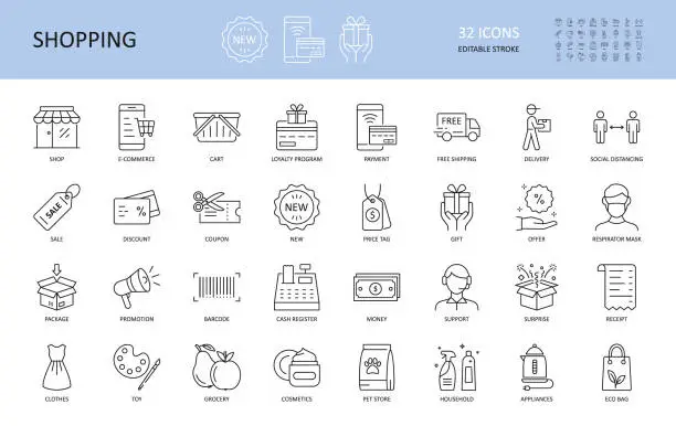 Vector illustration of Vector icons of shopping, e-commerce. Editable Stroke. Shop delivery free shipping cart, loyalty program. Payment coupon sale money, cash register, discount. New gift package box support toy grocery