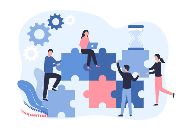 Concept work in a team of young professionals, developers, marketers. Men and women assemble puzzles while working together. Programmers, support service. Flat vector illustration on white background Concept work in a team of young professionals, developers, marketers. Men and women assemble puzzles while working together. Programmers, support service. Flat vector illustration on white background. game developer stock illustrations