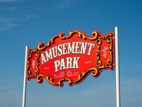 Aberdeen, Scotland - Jun 24, 2020: Sign over the entrance to an amusement park at the beach in Aberdeen, Scotland
