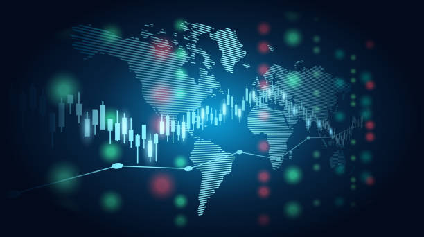 istock Abstract financial chart with candle stick graph and world map in stock market on blue colour background 1255606311