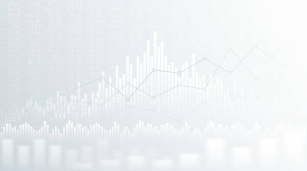 bagan keuangan abstrak layar lebar dengan grafik garis uptrend dan kandil pada latar belakang warna hitam dan putih - keuangan ilustrasi stok