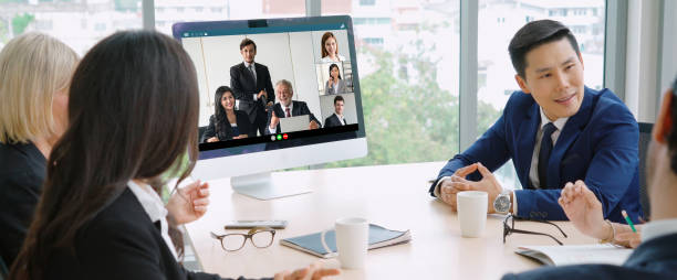 istock Video call group business people meeting on virtual workplace or remote office 1255609503