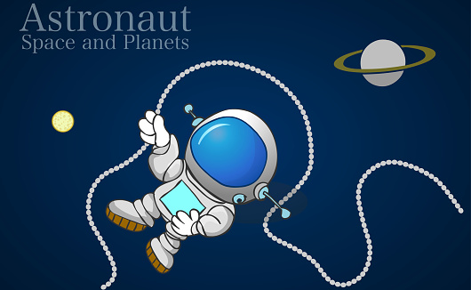Astronaut connected to the space shuttle. Cartoon lost cosmonaut in dark sky cosmic background. Planet and satellites. Spaceman with a space suit, helmet. Astronomy illustration Vector