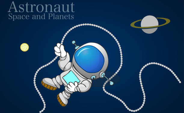 Astronaut connected to the space shuttle. Cartoon lost cosmonaut in dark sky cosmic background. Planet and satellites. Spaceman with a space suit, helmet. Astronomy illustration Vector Astronaut connected to the space shuttle. Cartoon lost cosmonaut in dark sky cosmic background. Planet and satellites. Spaceman with a space suit, helmet. Astronomy illustration Vector lost in space stock illustrations