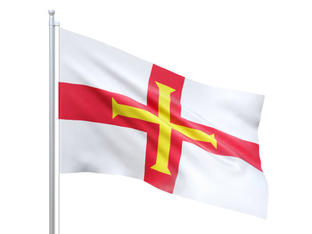 istock Guernsey flag waving on white background, close up, isolated. 3D render 1255616615