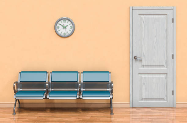 istock Bench or chairs in waiting room near door, 3D rendering 1255619130