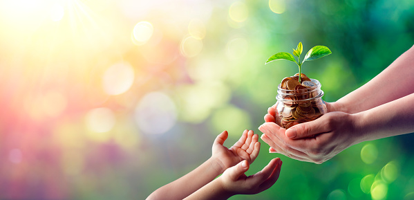 Hands of woman and child is holding coins in glass jar with young plant growing on money - family finance growth