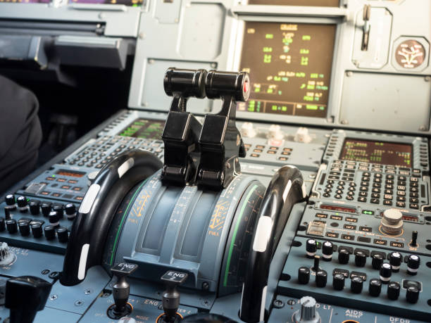 istock Airbus A320 thrust levers on the centre pedestal instrument panel. Switches and dials visible in the background. 1255621381