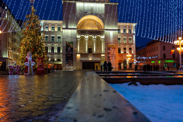 Timisoara, Romania - January 13, 2019: A view of the Opera House of Timisoara. Night scene. Christmas holidays. New year.