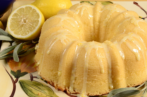 Close up of an iced, Lemon Pound Cake.