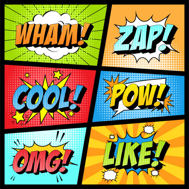bunte satz von comic-ikone im pop-art-stil. wham, zap, cool, pow, omg, wie. - exclamation point speech speech bubble green stock-grafiken, -clipart, -cartoons und -symbole