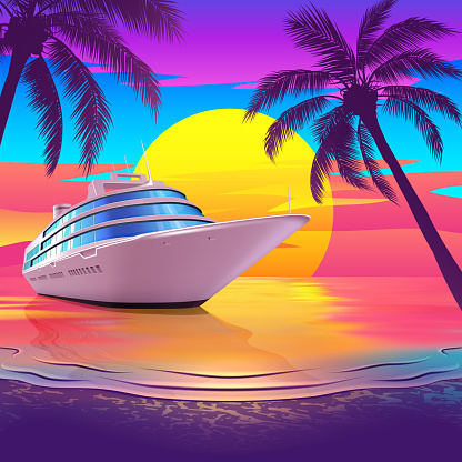 Tropical Beach at Sunset with Yacht and Palm Trees
