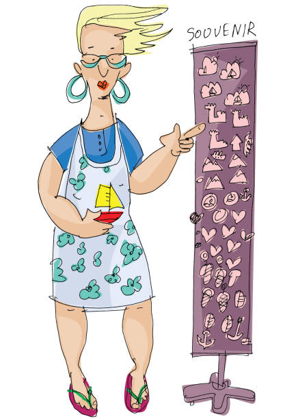 A woman - souvenir vendor A woman - souvenir vendor near stand full of magnetes and tourist stuff. traditional sun symbol art for sale stock illustrations