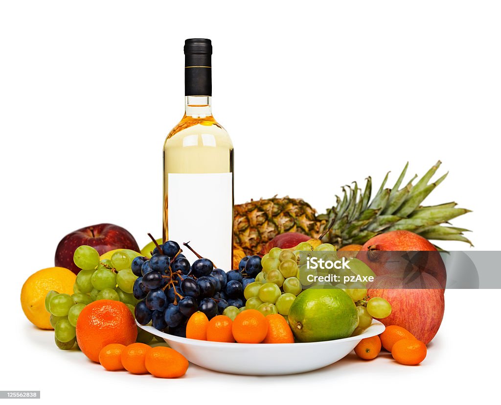 정물 사진-화이트 와인 1병 등이 과일 - 로열티 프리 열대 과일 스톡 사진