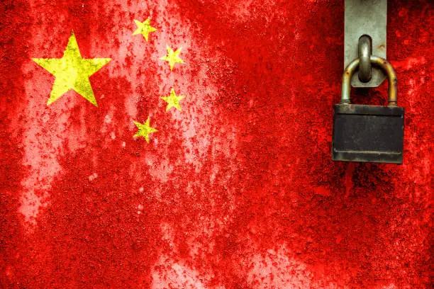 Flag of China is in texture. Template. Coronavirus pandemic. Countries are closed. Locks.