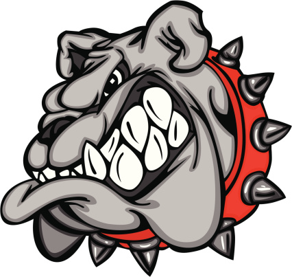Cartoon bulldog face with big teeth and a red, spiked collar