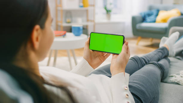 istock Woman at Home Lying on a Couch using Smartphone, Holds it Horizontally in Landscape Mode. Point of View Camera Shot. 1255633795