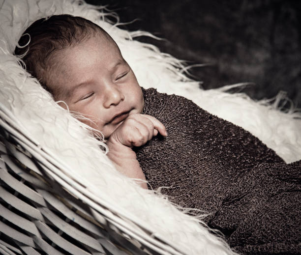 istock Newborn baby sleeping in wool basket 1255635112