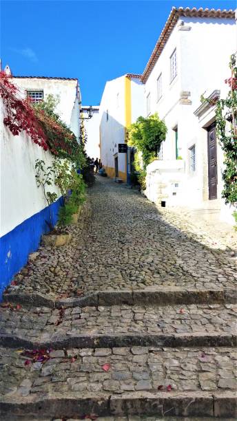 Beautiful cute traditional village of Obidos in Portugal with it steep narrow streets and colourful houses Beautiful cute traditional village of Obidos in Portugal with it steep narrow streets and colourful houses obidos photos stock pictures, royalty-free photos & images