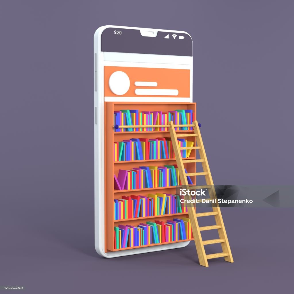 Online library. Smartphone turned into Internet library. Concept of mobile education and e-library. Isometric media book shop, library. E-book, reading an ebook to study on e-library. 3d rendering. Online library. Smartphone turned into Internet library. Concept of mobile education and e-library. Isometric media book shop. E-book, reading an e-book to study on e-library. 3d rendering. Digitally Generated Image Stock Photo