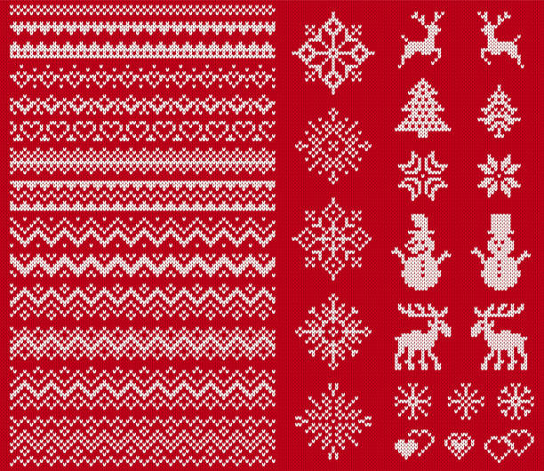 strickelemente. vektor-illustration. weihnachten pullover nahtlose textur. gestrickte druck. - knit hat stock-grafiken, -clipart, -cartoons und -symbole