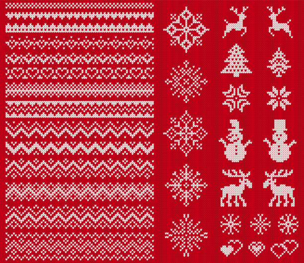Knit elements. Vector illustration. Christmas sweater seamless texture. Knitted print. Knit sweater elements. Vector. Christmas seamless borders. Fairisle ornaments. Scandinavian pattern with snowflake, reindeer, tree, snowman. Red white texture. Knitted print. Xmas, winter illustration christmas sweater stock illustrations